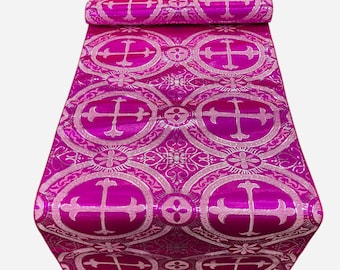 Fuchsia / Silver - Religious Brocade Runner Tablecloth | Liturgical Fabric | Runner Ecclesiastical Jacquard|Church|Vestment - Cross Brocade.