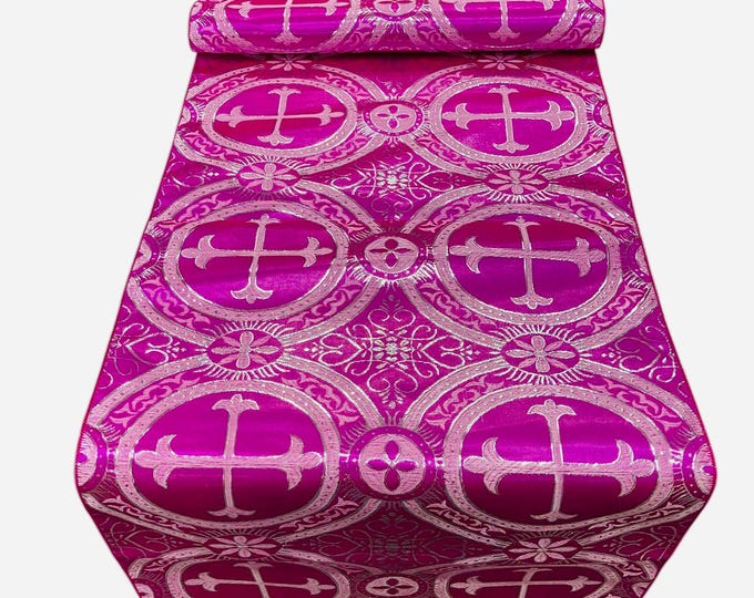 Fuchsia / Silver - Religious Brocade Runner Tablecloth | Liturgical Fabric | Runner Ecclesiastical Jacquard|Church|Vestment - Cross Brocade.