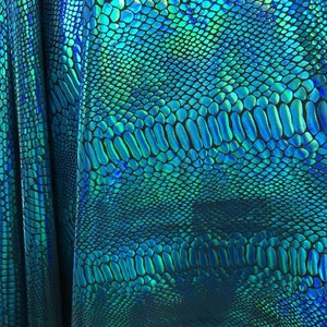 Iridescent Snake Skin Print On A Nylon 2 Way Stretch Spandex Fabric BY The Yard. (Turquoise on Black) main image 1
