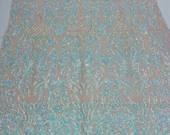 clear unicorn iridescent shiny sequin damask design on a nude 4 way stretch mesh-prom-nightgown-sold by the yard-free shipping in the usa.