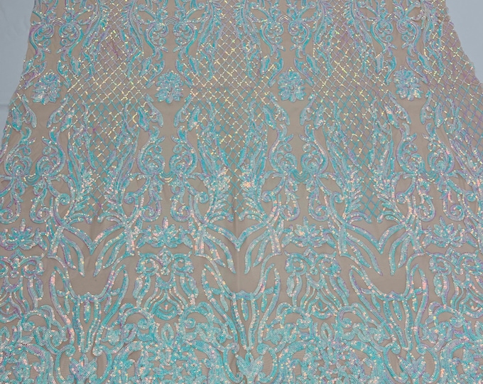 clear unicorn iridescent shiny sequin damask design on a nude 4 way stretch mesh-prom-nightgown-sold by the yard-free shipping in the usa.