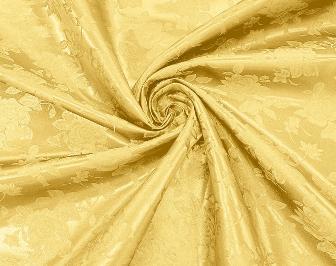 Gold 60" Wide Polyester Big Roses/Flowers Brocade Jacquard Satin Fabric/Cosplay Costumes, Skirts, Table Linen/Sold By The Yard.