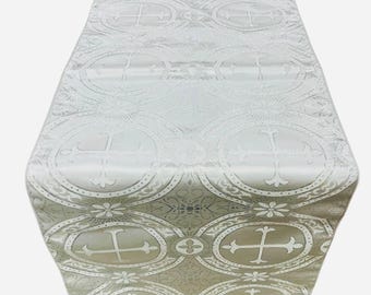 White / Silver - Religious Brocade Runner Tablecloth | Liturgical Fabric | Runner Ecclesiastical Jacquard | Church | Vestment-Cross Brocade.