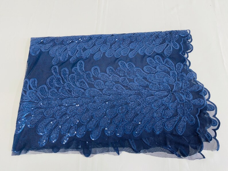 Royalty Feathers Peacock with Embroidery sequins on stretch Mesh Lace Fabric (By 3 Panels) Navy Blue main image 0