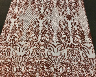 Shiny sequin damask design embroidery on a 4 way stretch mesh-dresses-prom-nightgown-Sold by yard-