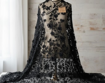 Pearl Beaded Lace with Emily 3D Flowers, Black Floral Mesh Fabric Sold by the Yard