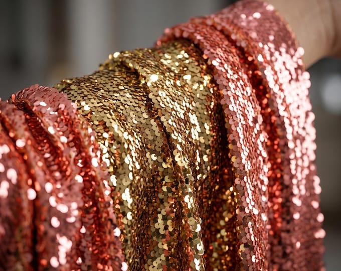 Coral Gold Reversible Sequin Fabric, Color Changing Flip Sequin Fabric, Stretch Spandex Sequin Fabric, Prom Dress Fabric By The Yard