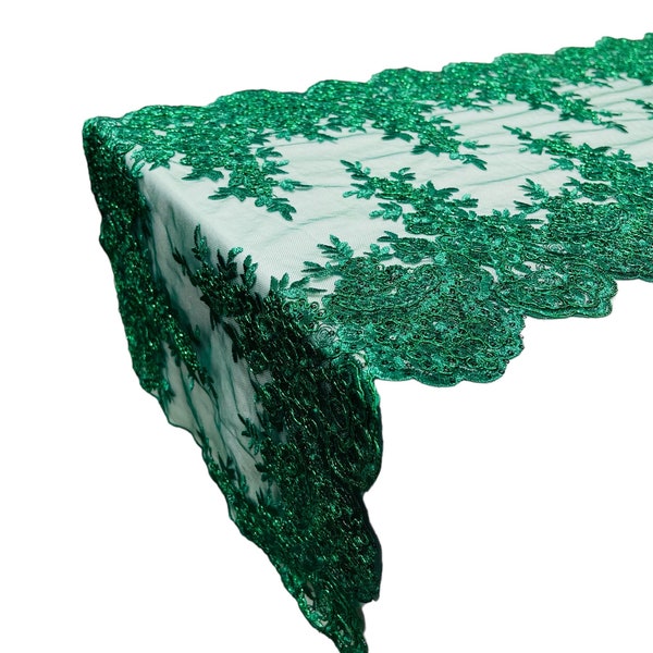 HUNTER GREEN 14"Wide X 90"Long  Sequins Green Metallic Embroidered Lace on Mesh Fabric, Trim Lace, Table Runner.