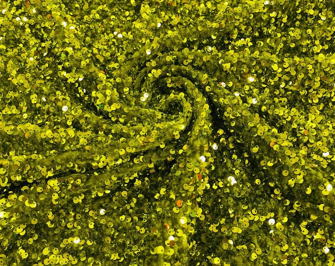 Medium Olive Green stretch velvet with luxury sequins all over 5mm shining sequins 2-way stretch, sold by the yard.