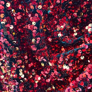 Red/Gold black  stretch velvet with luxury sequins all over 5mm shining sequins 2-way stretch, sold by the yard.