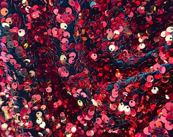 Red Gold All-Over 5mm Shiny Sequins Black Stretch Velvet 54" Wide.