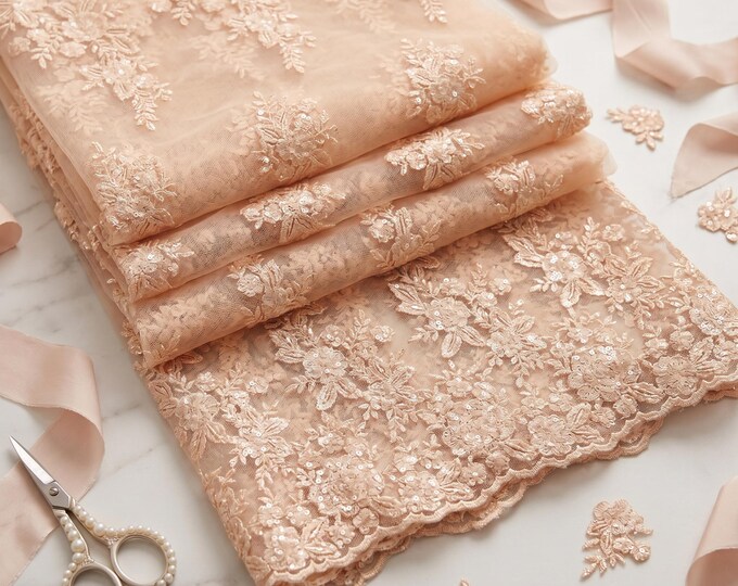Peach Beaded Floral Lace Fabric By The Yard, Embroidered Mesh Bridal Lace For Wedding Dresses, Prom Gowns & Evening Wear