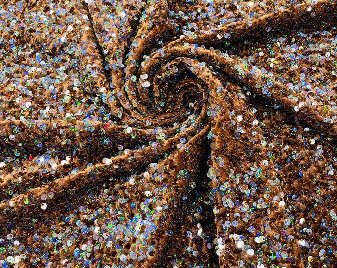 Brown Iridescent stretch velvet with luxury sequins all over 5mm shining sequins 2-way stretch, sold by the yard.