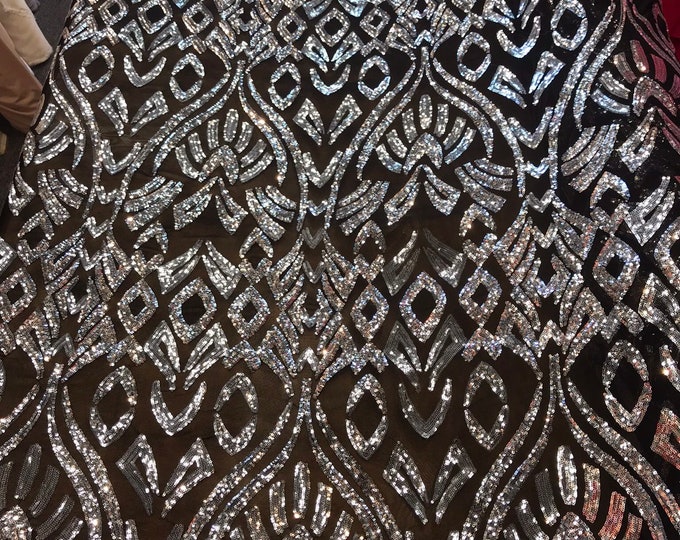 Black-silver geometric design embroidery with sequins on a 4 way stretch power mesh-dresses-fashion-apparel-prom-nightgown-sold by the yard.