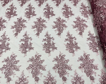 Dusty Rose floral design embroidery on a mesh lace with sequins and cord-sold by the yard.