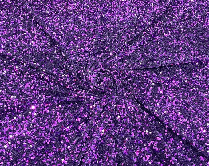 Purple stretch velvet with luxury sequins all over 5mm shining sequins 2-way stretch, sold by the yard.