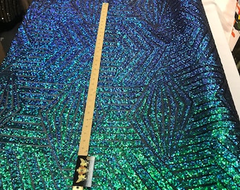 Green iridescent sequin geometric diamond design on a 2 way stretch black mesh fabric-prom-nightgown-sold by the yard-free shipping in USA-