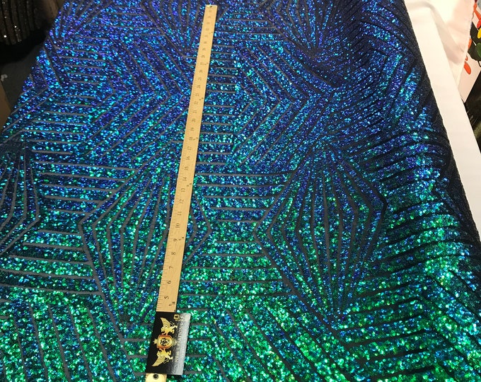 Green iridescent sequin geometric diamond design on a 2 way stretch black mesh fabric-prom-nightgown-sold by the yard-free shipping in USA-