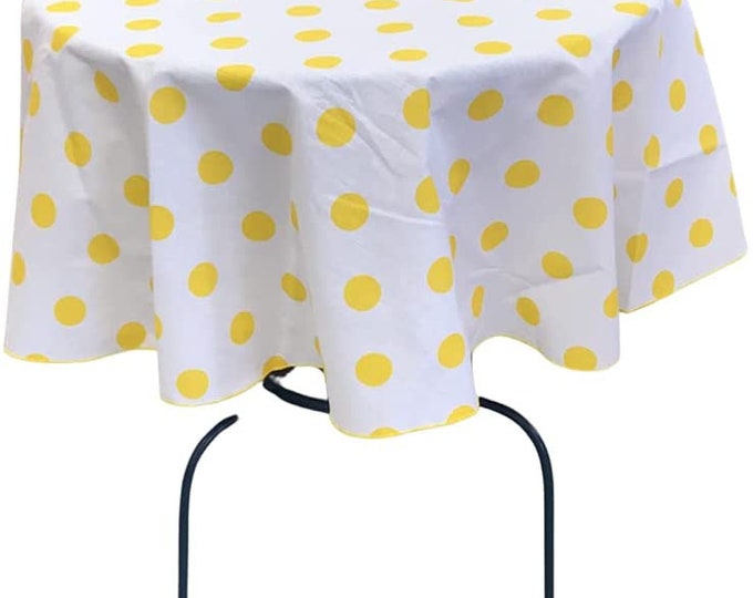 New Creations Fabric & Foam Inc, Round Poly Cotton Print Tablecloth (Polka Dot Yellow on White. Choose Size Below