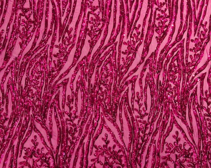 Fuchsia - Vine/Root Sequin 4 Way Stretch Mesh Fabric, by The Yard.