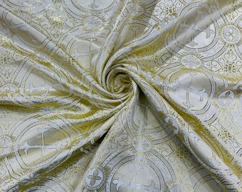 Beige/Gold - Square Metallic Cross Brocade Jacquard Satin Table Overlay/Religious Brocade/Liturgical Fabric/Church.