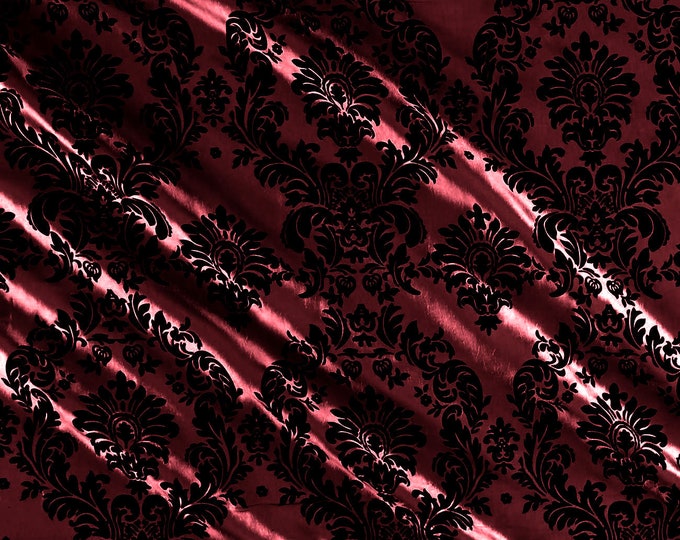 Burgundy - Flocked Damask Taffeta Fabric - Sold By The Yard.