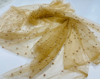 Dark Gold Scattered Pearls Studded with glitter Mesh, 2-Way Stretch, sold by the yard.
