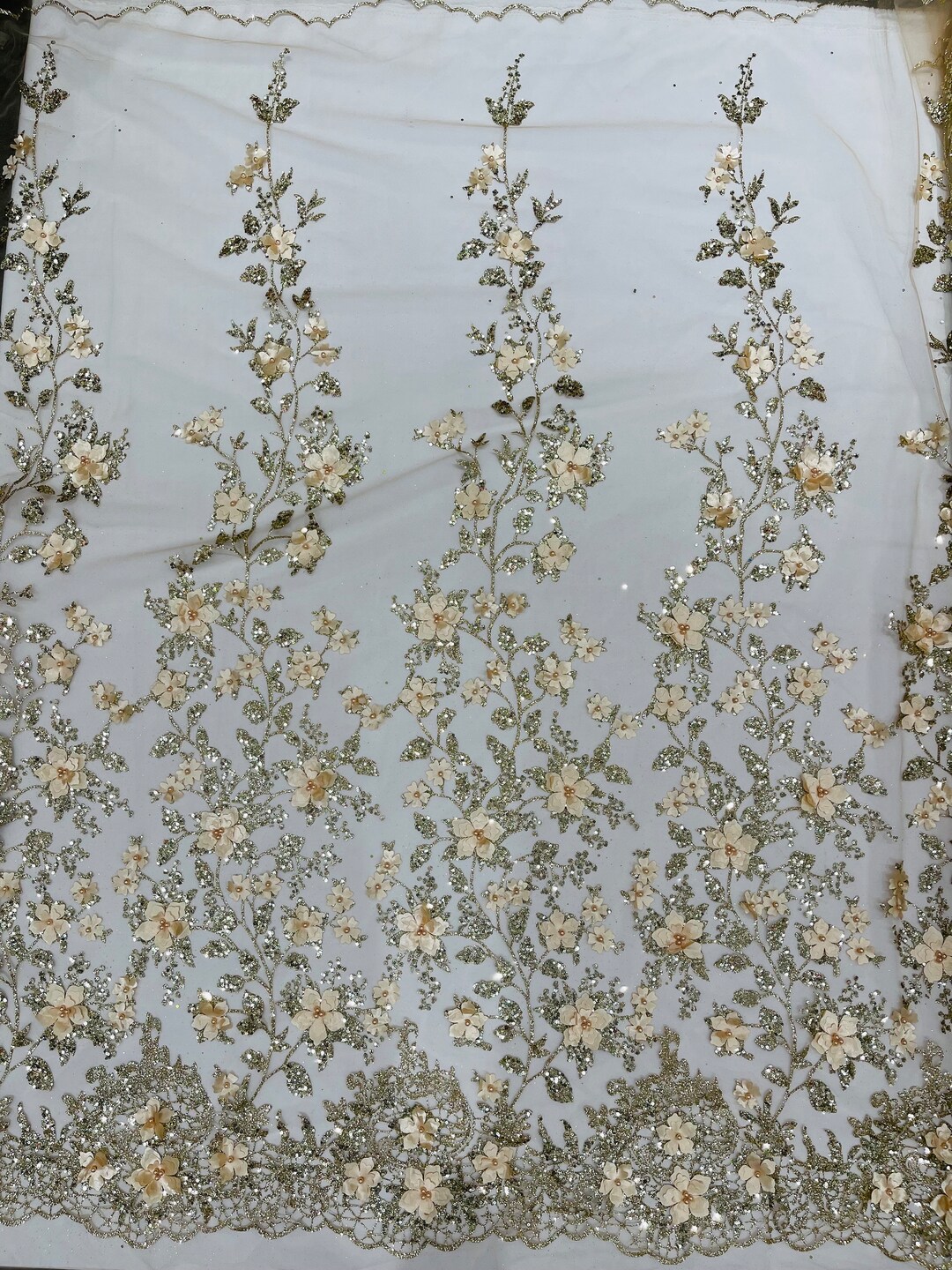Champagne 3D Princess Satin Flower Glitter Sequin Lace Fabric 54" Wide ...