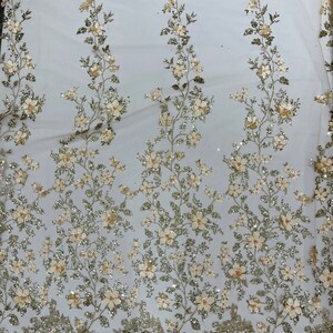 Champagne 3D Princess Satin Flower Glitter Sequin Lace Fabric 54" Wide ...