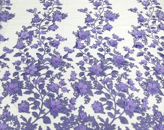 Lavender Emily 3d floral design embroider with pearls in a mesh lace-sold by the yard.