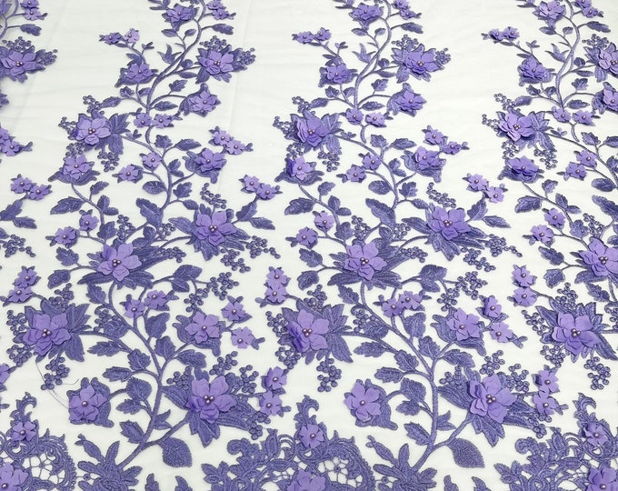 Lavender Emily 3d floral design embroider with pearls in a mesh lace-sold by the yard.