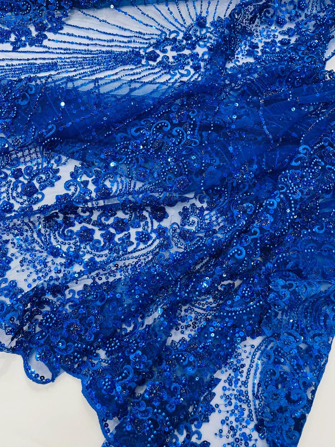 Royal Blue Damask Beaded Lace Fabric by the Yard, Luxury Bridal Mesh ...
