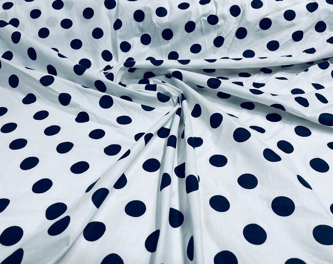 Navy dot On White 58" Wide Premium 1 inch Polka Dot Poly Cotton Fabric Sold By The Yard.