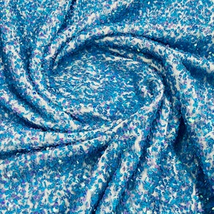 Blue/ Lilac iridescent Sequins All Over On A White Stretch Velvet/ Costume Fabric/Apparel/ 5mm Sequin Velvet