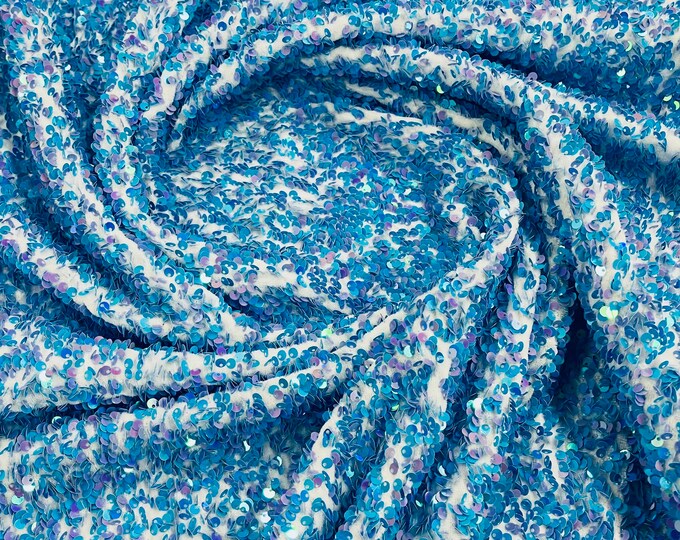 Blue/ Lilac iridescent Sequins All Over On A White Stretch Velvet/ Costume Fabric/Apparel/ 5mm Sequin Velvet