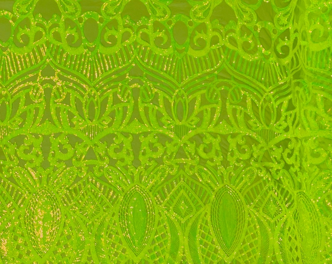Neon Green iridescent royalty sequin design on a 4 way stretch mesh-prom-sold by the yard.