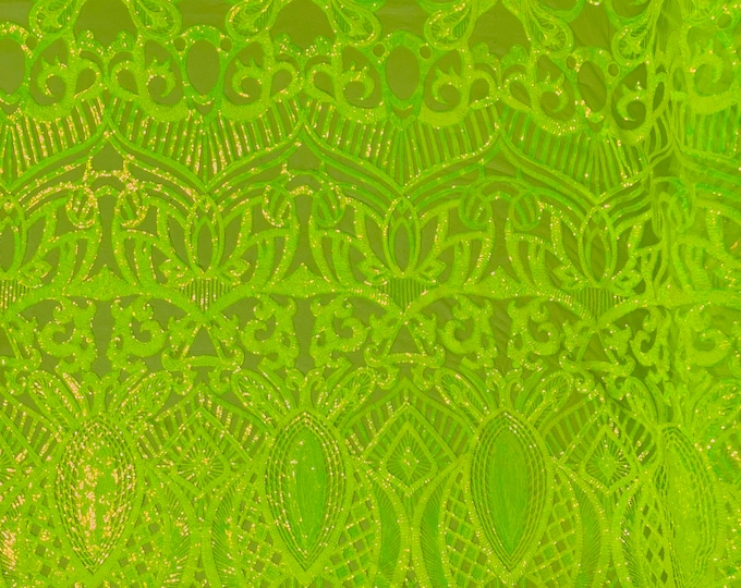 Neon Green iridescent royalty sequin design on a 4 way stretch mesh-prom-sold by the yard.