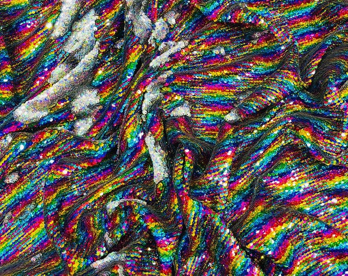 Multi Color Silver Reversible Color Changing Sequin Fabric| 54" Wide| Stretch Polyester Spandex.