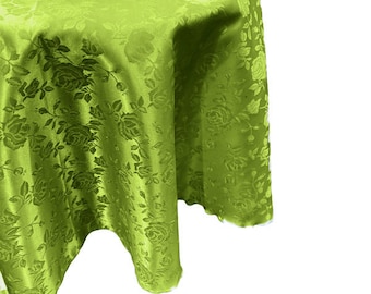 Kiwi Green Round Tablecloth Roses Jacquard Satin Overlay for Small Coffee Table Seamless.