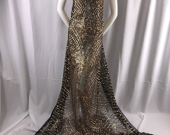 Gold venom dismond web-embroider with sequins on a black mesh lace fabric- wedding-bridal-prom-nightgown fabric-dresses-sold by the yard-