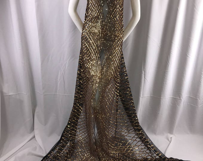 Gold venom dismond web-embroider with sequins on a black mesh lace fabric- wedding-bridal-prom-nightgown fabric-dresses-sold by the yard-