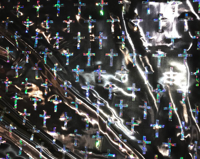 New Creations Fabric & Foam Inc, 58" Wide Polyester Spandex Shiny Faux Vinyl 2 Way Stretch Fabric with Hologram/Iridescent Cross
