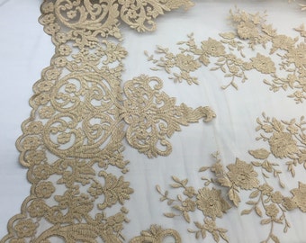 Gold flowers embroider on a 2 way stretch mesh lace. Wedding/Prom/Bridal/Nightgown fabric-apparel-fashion-dresses-Sold by the yard.