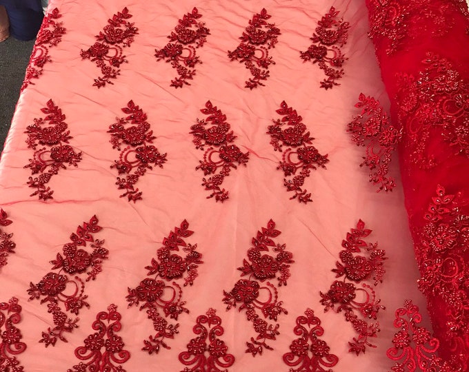 Red hand beaded floral design embroidery with shiny sequins on a mesh lace-dresses-apparel-fashion-prom-nightgown-sold by the yard.