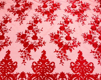 Red flowers flat lace embroider on a 2 way stretch mesh sold by the yard.