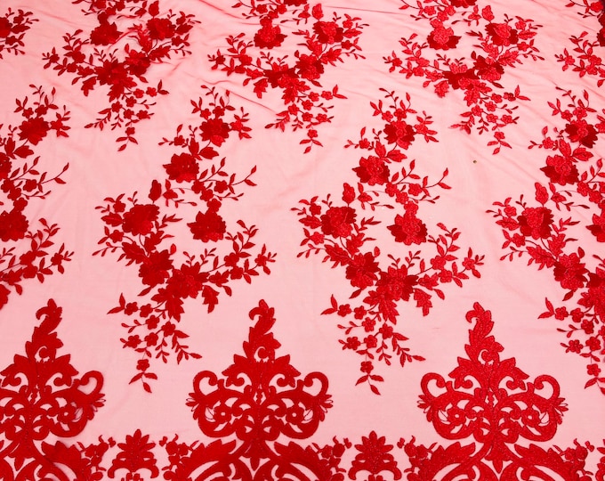 Red flowers flat lace embroider on a 2 way stretch mesh sold by the yard.