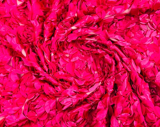 Fuchsia 3D Rosette Embroidery Satin Rose Flowers  Floral Mesh Fabric by the yard