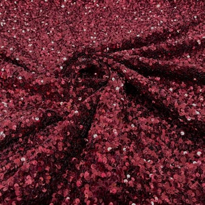 Burgundy 5mm sequins on a stretch velvet 2-way stretch, sold by the yard.