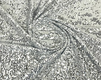 Silver Sequins White Taffeta Fabric-Glitz Sequins Taffeta Fabric-Raindrop Sequins-54” Wide-Sold By The Yard.