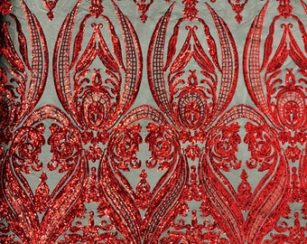 Red princess design embroidery with sequins on a Black 4 way Stretch Mesh-dresses-fashion-prom-nightgown-sold by the yard.